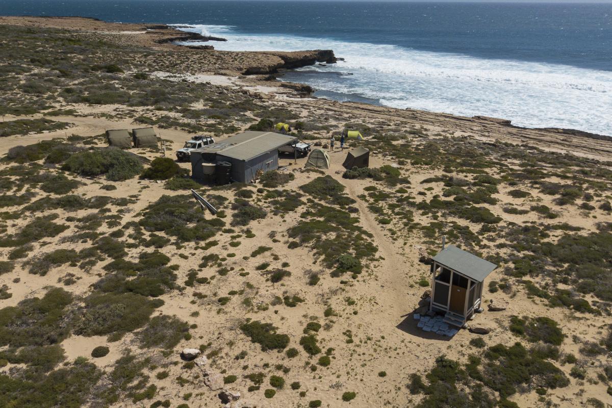 Aerial view of a coastal campground and camp sites beside a rocky coastline at Urchin Point