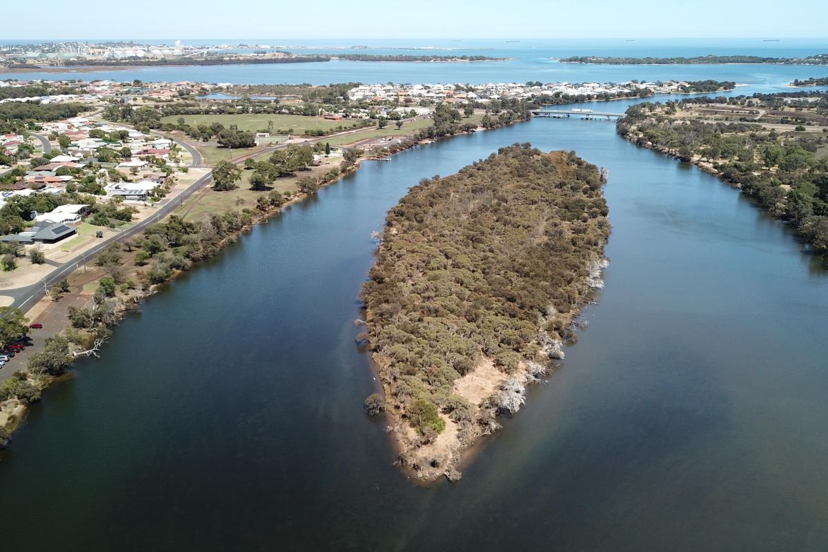 Aerial view of river and an island in Kalgulup Regional Park