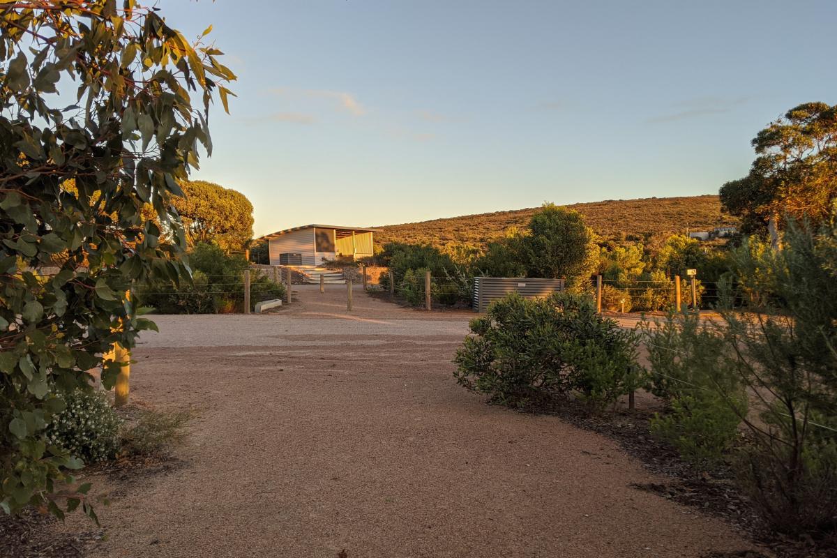 A camp kitchen at Lucky Bay Campground viewed from one of the campsites