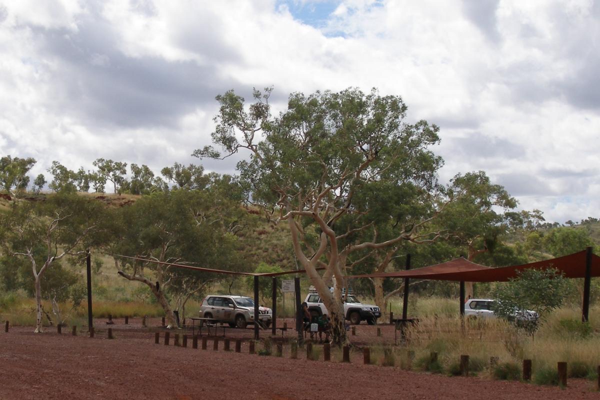 shade cloth shelters and vehicles parked in the weano recreation area car park