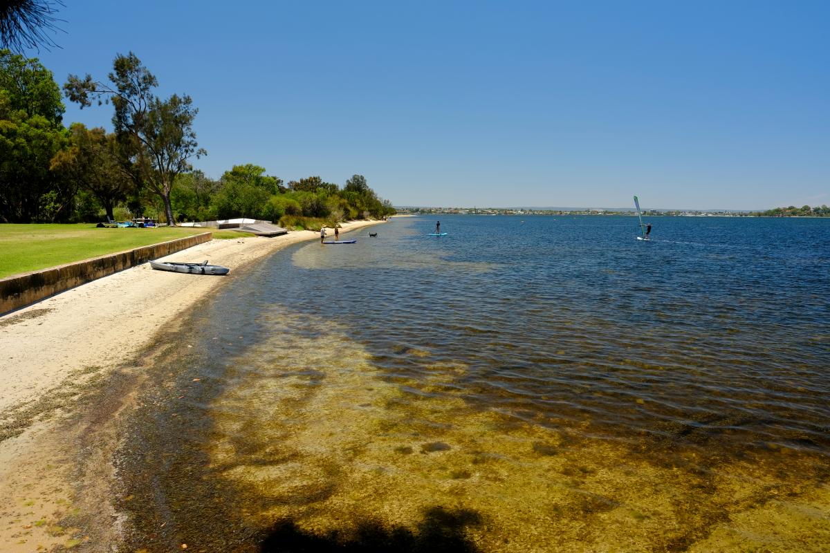Grassy area beside shallow waters of Swan River at Pelican Point